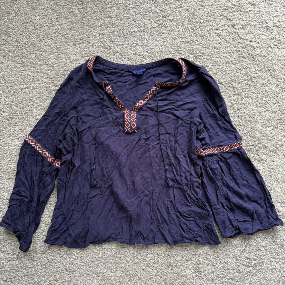 Aeropostale Navy Embroidered Boho Peasant Blouse